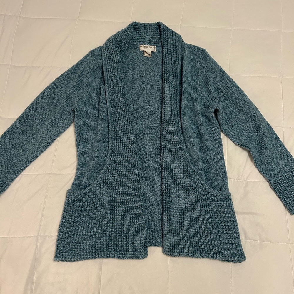 Teal Blue Open Front Cardigan with Shawl Collar